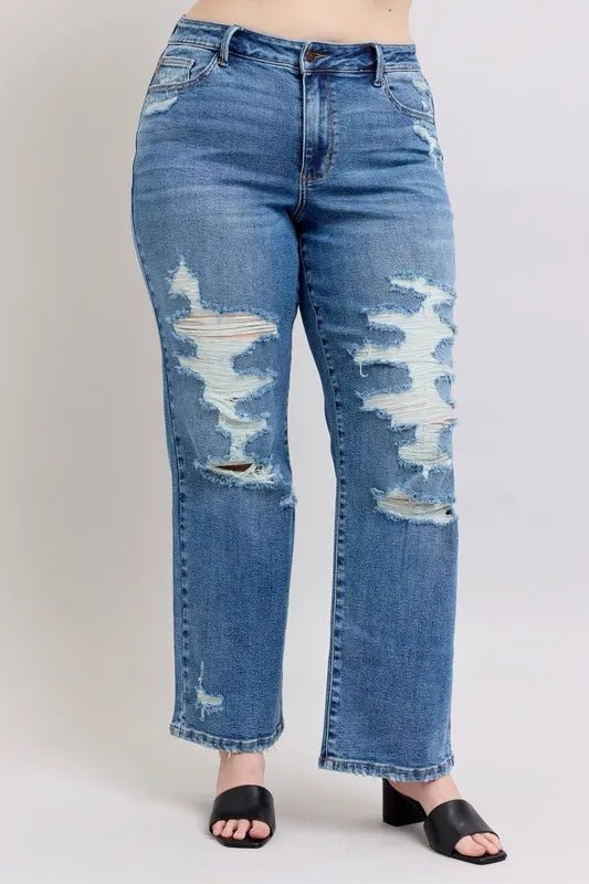 Judy Blue Full Size High Waist Heavy Destroy Straight Jeans Plus Size - 926 West