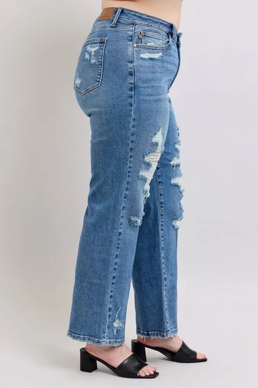 Judy Blue Full Size High Waist Heavy Destroy Straight Jeans Plus Size - 926 West