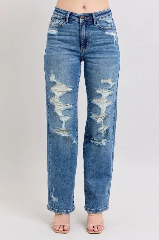 Judy Blue Full Size High Waist Heavy Destroy Straight Jeans Plus Size - 926 West