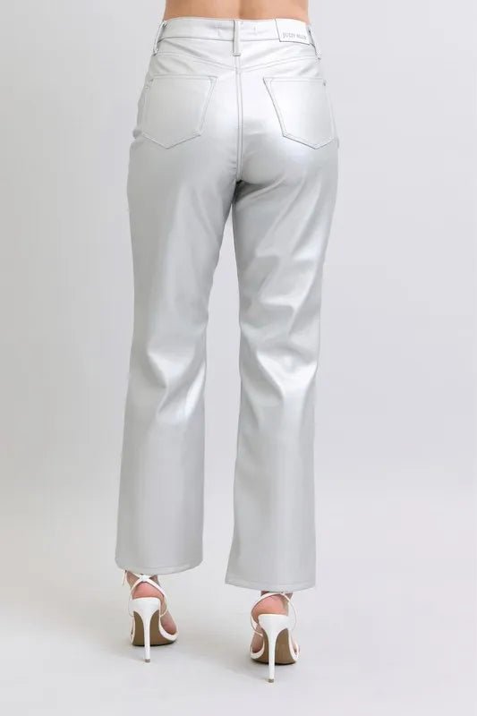 Judy Blue Full Size High Waist Silver Faux Leather Pants Plus Size - 926 West