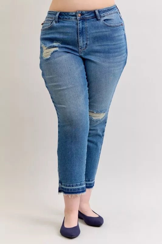 Judy Blue Full Size Mid Rise Bf Patch & Repair Destroy Release Hem Jeans Plus Size - 926 West