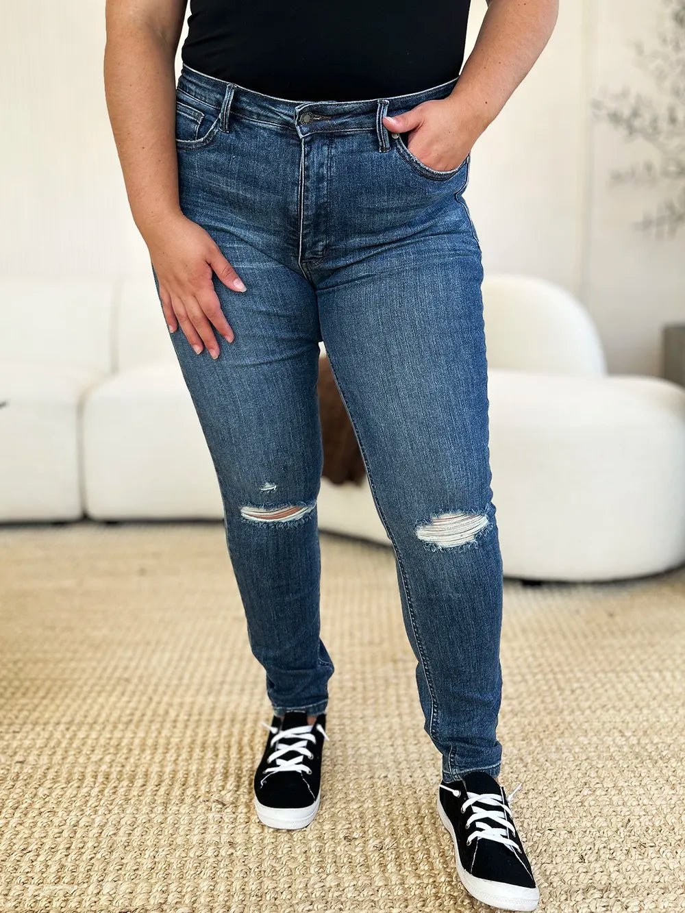 Judy Blue Full Size Mid Waist Distressed Slim Jeans - 926 West