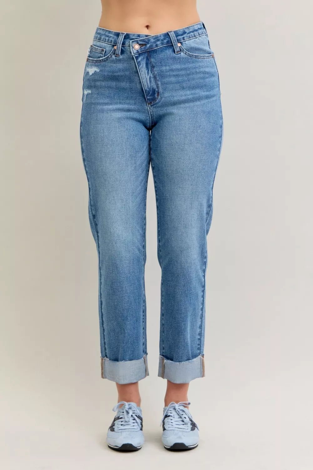 Judy Blue High Waist Bf Criss - cross Mild Destroy Jeans with Single Cuff - 926 West