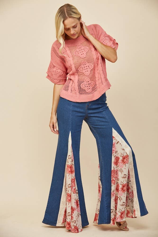 LACE DETAIL WIDE LEG JEANS MID DENIM - 926 West