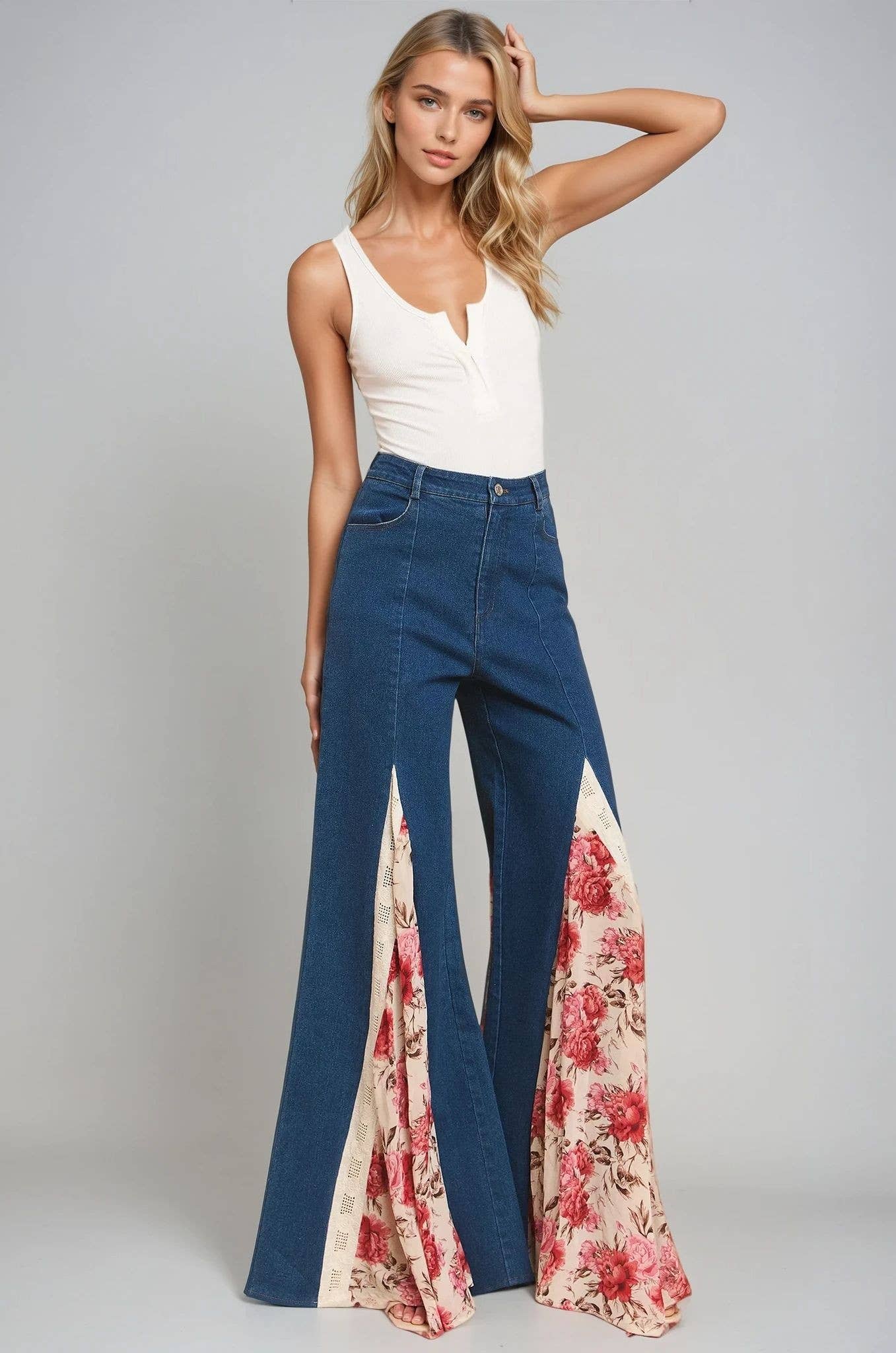 LACE DETAIL WIDE LEG JEANS MID DENIM - 926 West