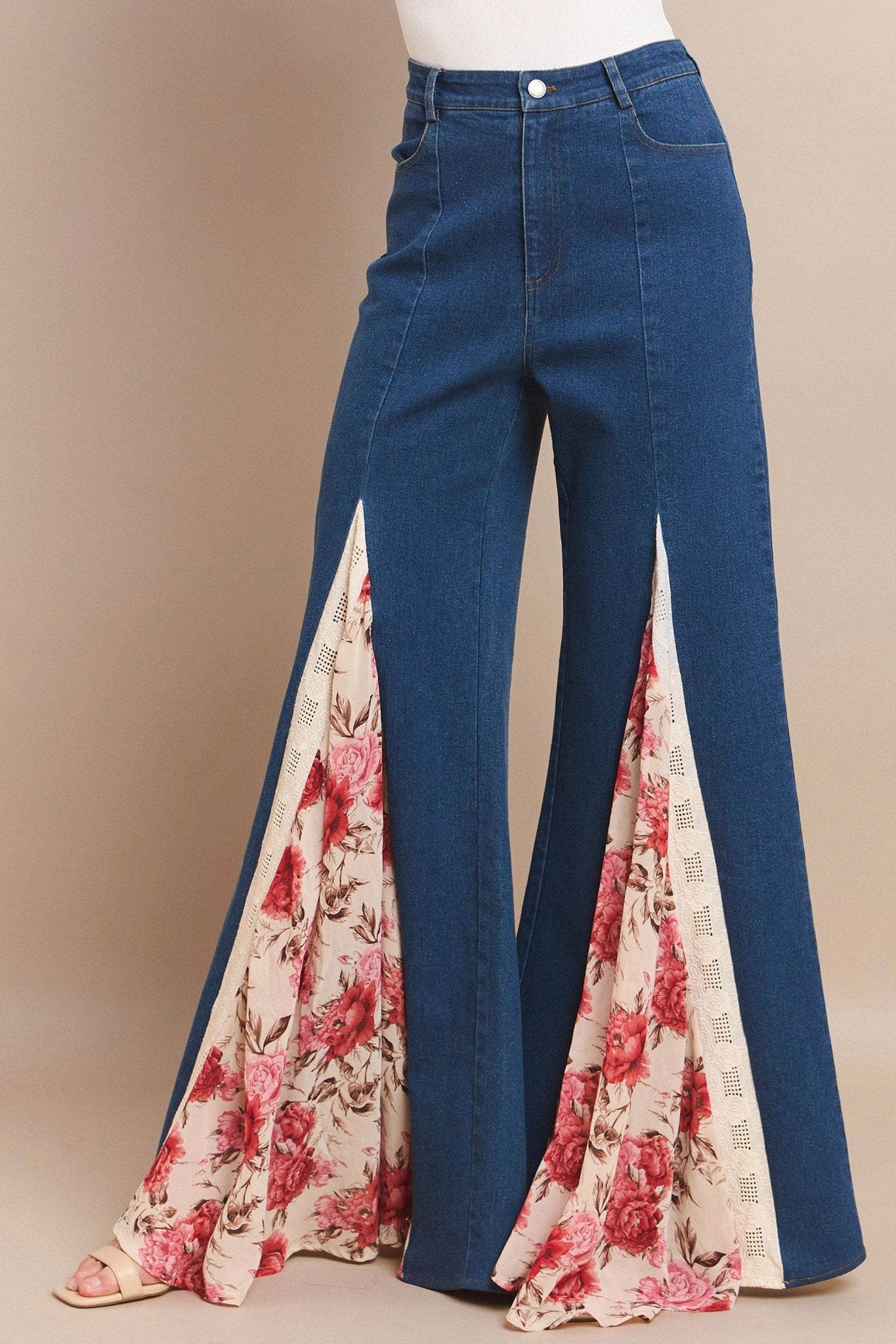 LACE DETAIL WIDE LEG JEANS MID DENIM - 926 West