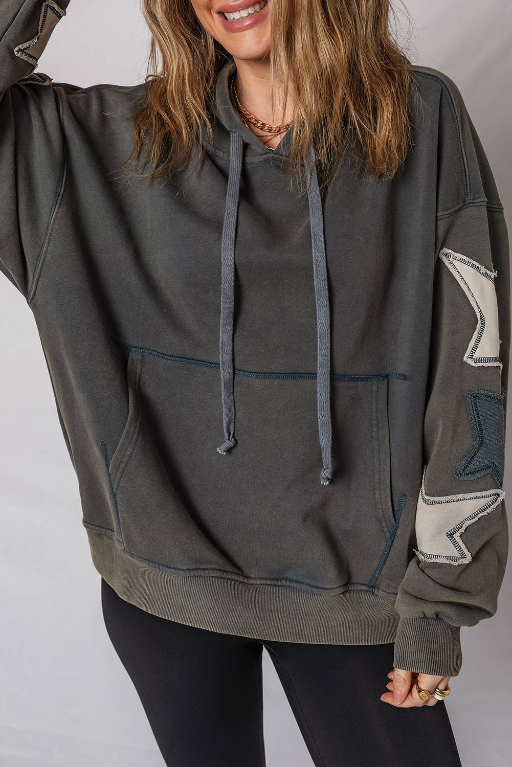 LDC Star Patchwork Contrast Stitching Pocket Vintage Hoodie - 926 West