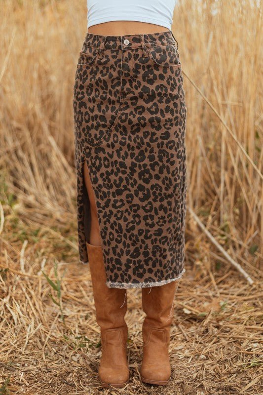 Leopard Denim Frayed Hem Midi Skirt* - 926 West