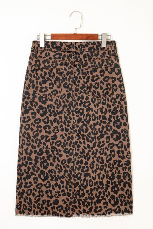 Leopard Denim Frayed Hem Midi Skirt* - 926 West