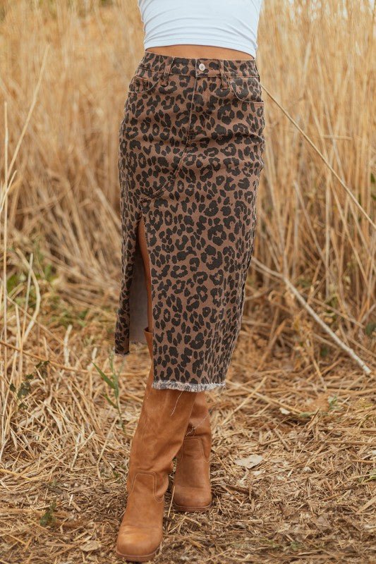 Leopard Denim Frayed Hem Midi Skirt* - 926 West