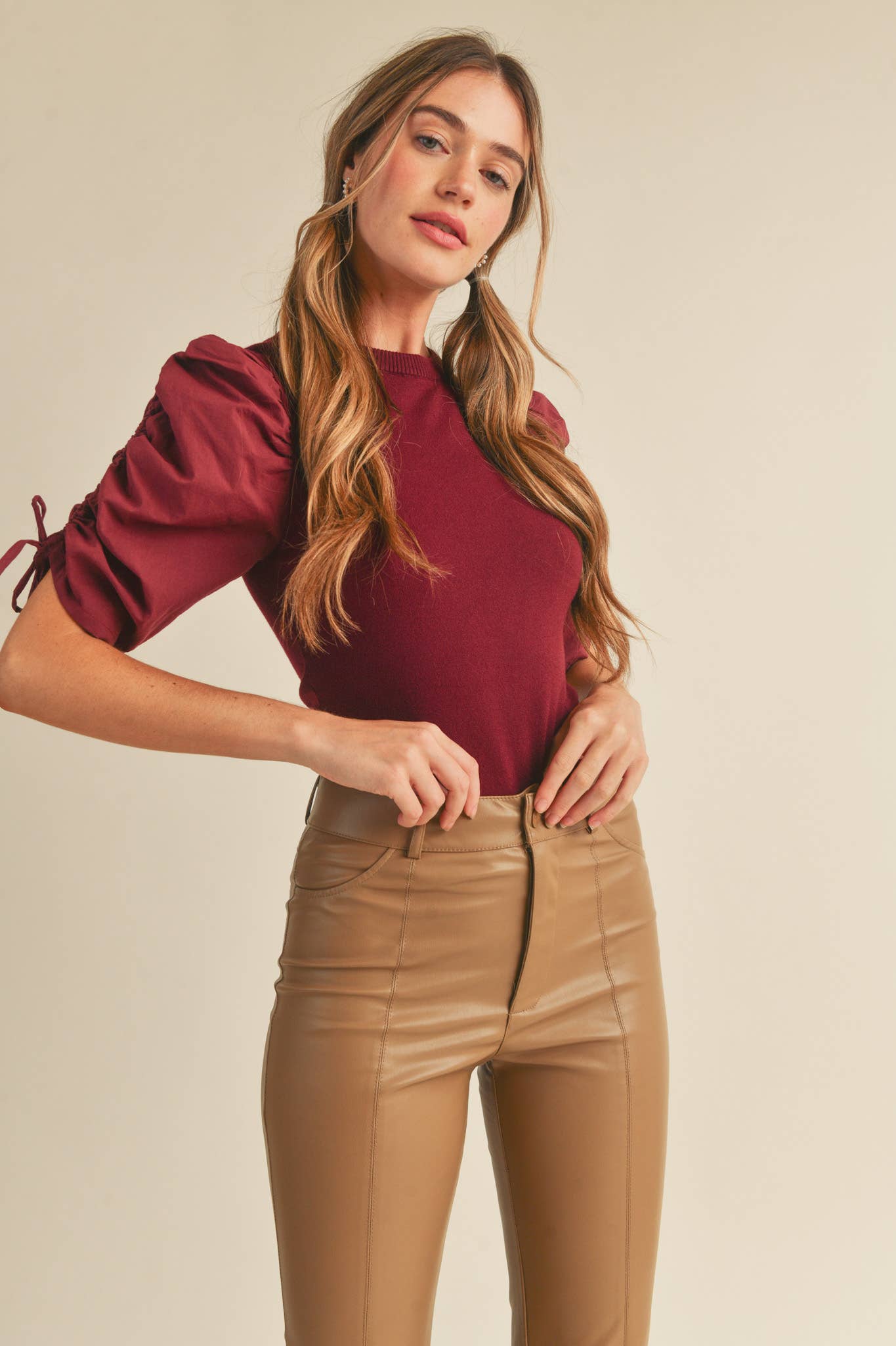 RUCHED SLEEVE MIXED MEDIA TOP - 926 West