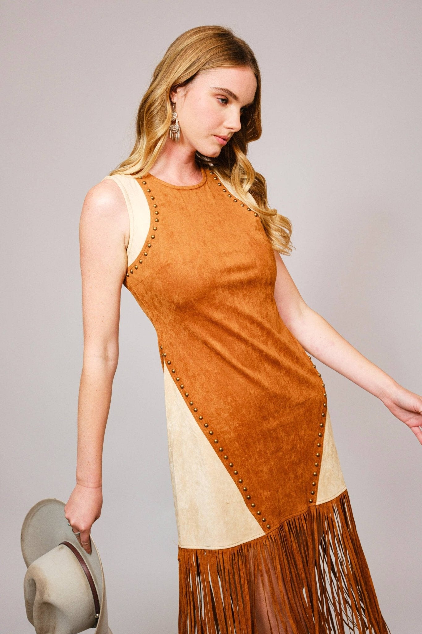 Scarlett Two Tone Suede Studded Fringe Midi Dress - 926 West