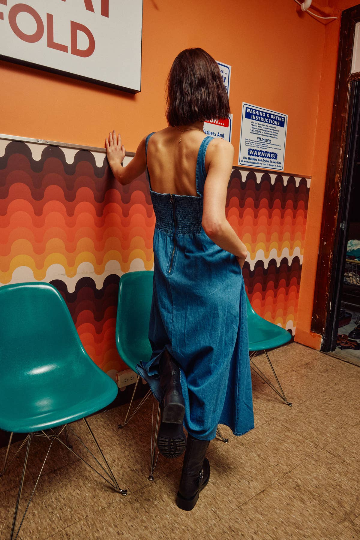 Square Neck Smocking Back Detail Denim Midi Dress - 926 West