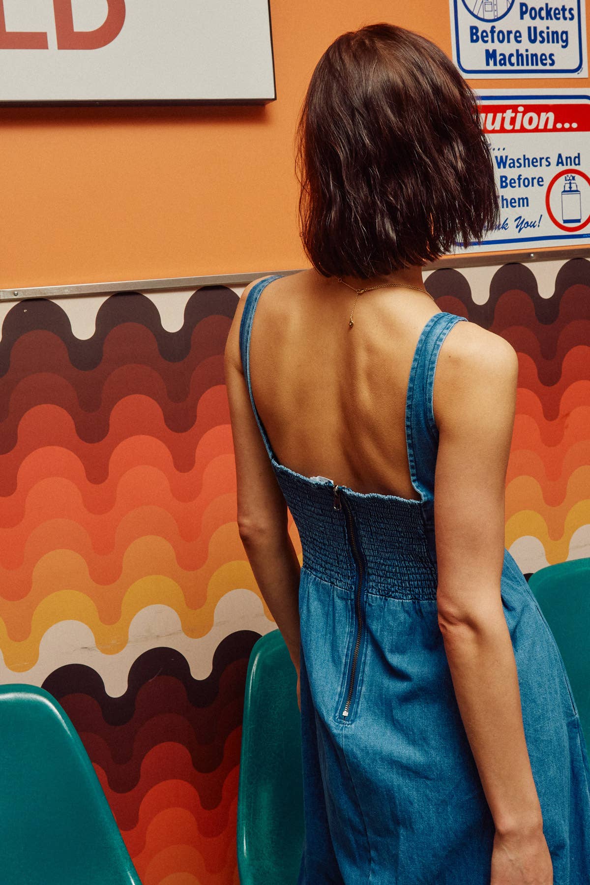 Square Neck Smocking Back Detail Denim Midi Dress - 926 West