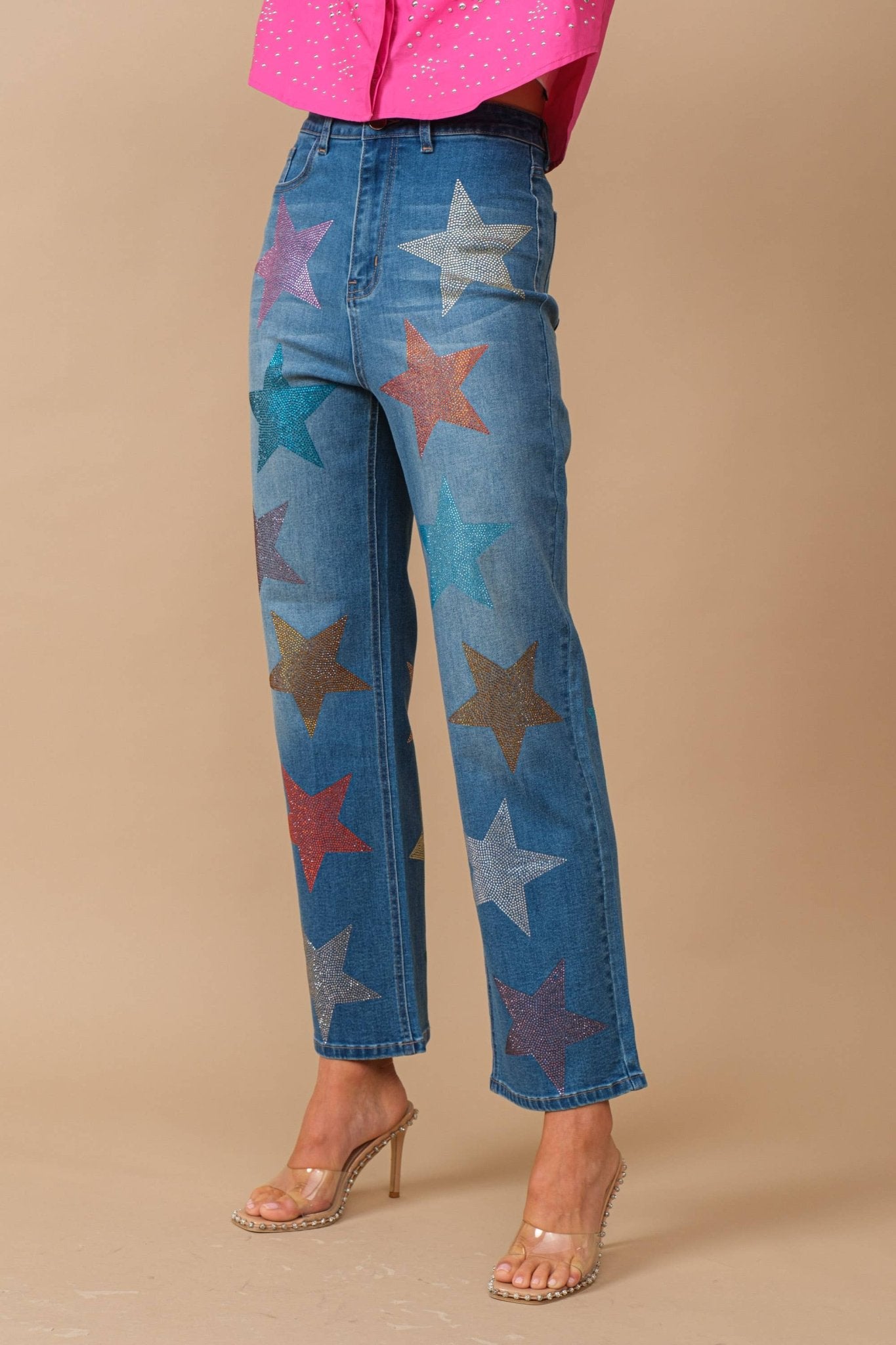 Star Rhinestone Embellishment Straight Leg Jeans - 926 West