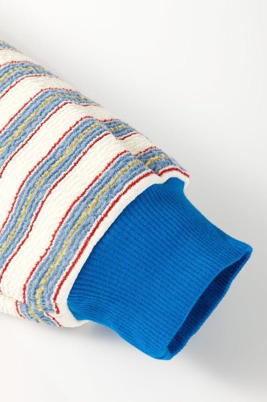 Stripe Buttoned Collared V - Neck Drop Shoulder Top* - 926 West