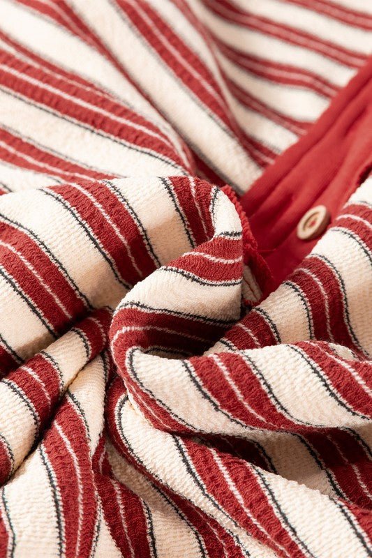 Stripe Buttoned Collared V - Neck Drop Shoulder Top* - 926 West