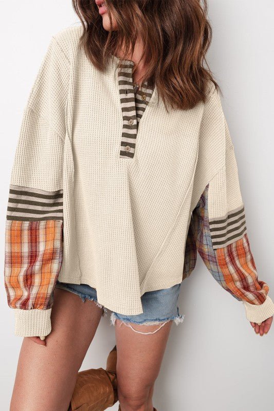 Stripe Plaid Patchwork Waffle Knit Henley Top* - 926 West