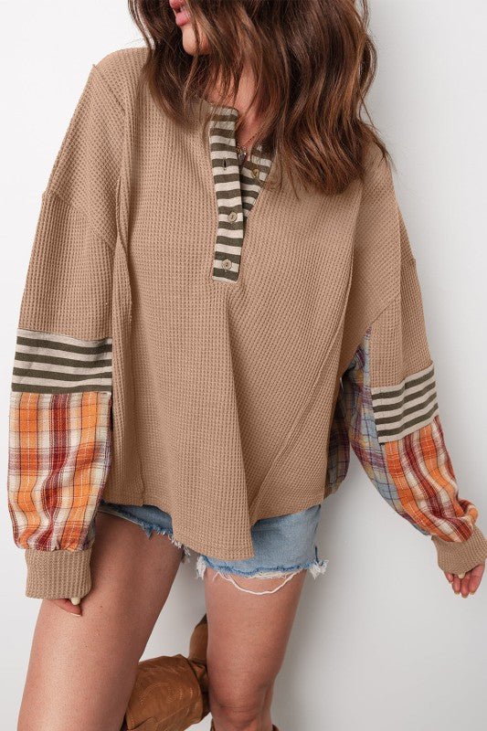 Stripe Plaid Patchwork Waffle Knit Henley Top* - 926 West