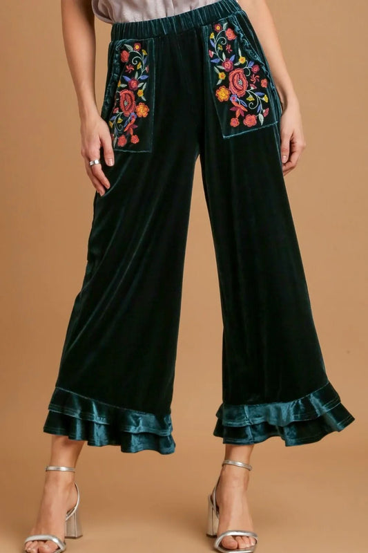 Umgee Full Size Wide Fit Ruffle Velvet Pants with Embroidered Pockets Plus Size - 926 West