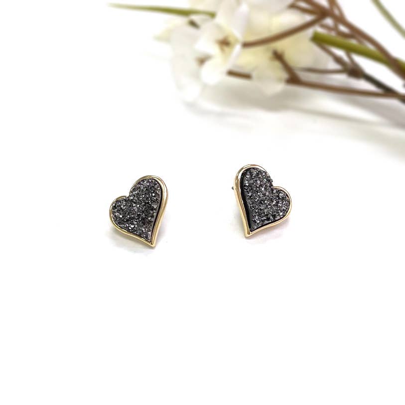 Uneven Resin Heart Druzy Button Stud Earrings - 926 West
