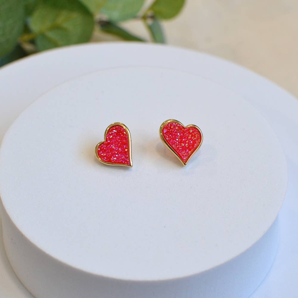 Uneven Resin Heart Druzy Button Stud Earrings - 926 West