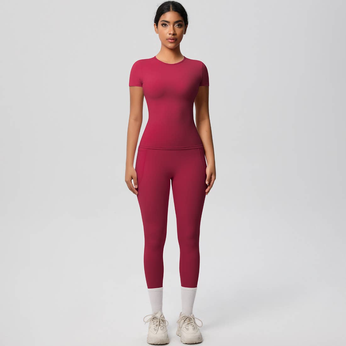 Women Yoga Set:Short Sleeve Top + High - Waist Pocket Leggings - 926 West