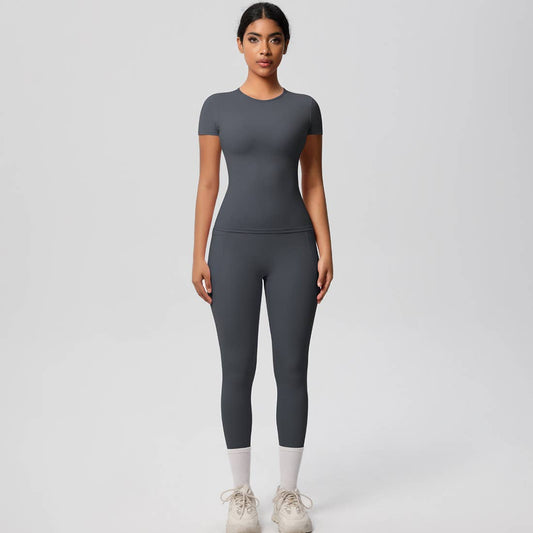 Women Yoga Set:Short Sleeve Top + High - Waist Pocket Leggings - 926 West