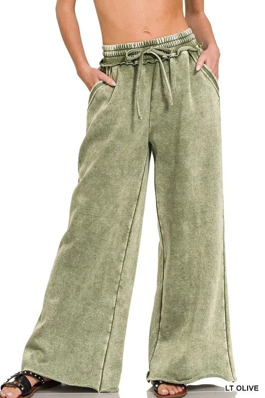 Zenana Full Size Acid Wash Fleece Palazzo Sweatpants with Pockets Plus Size - 926 West